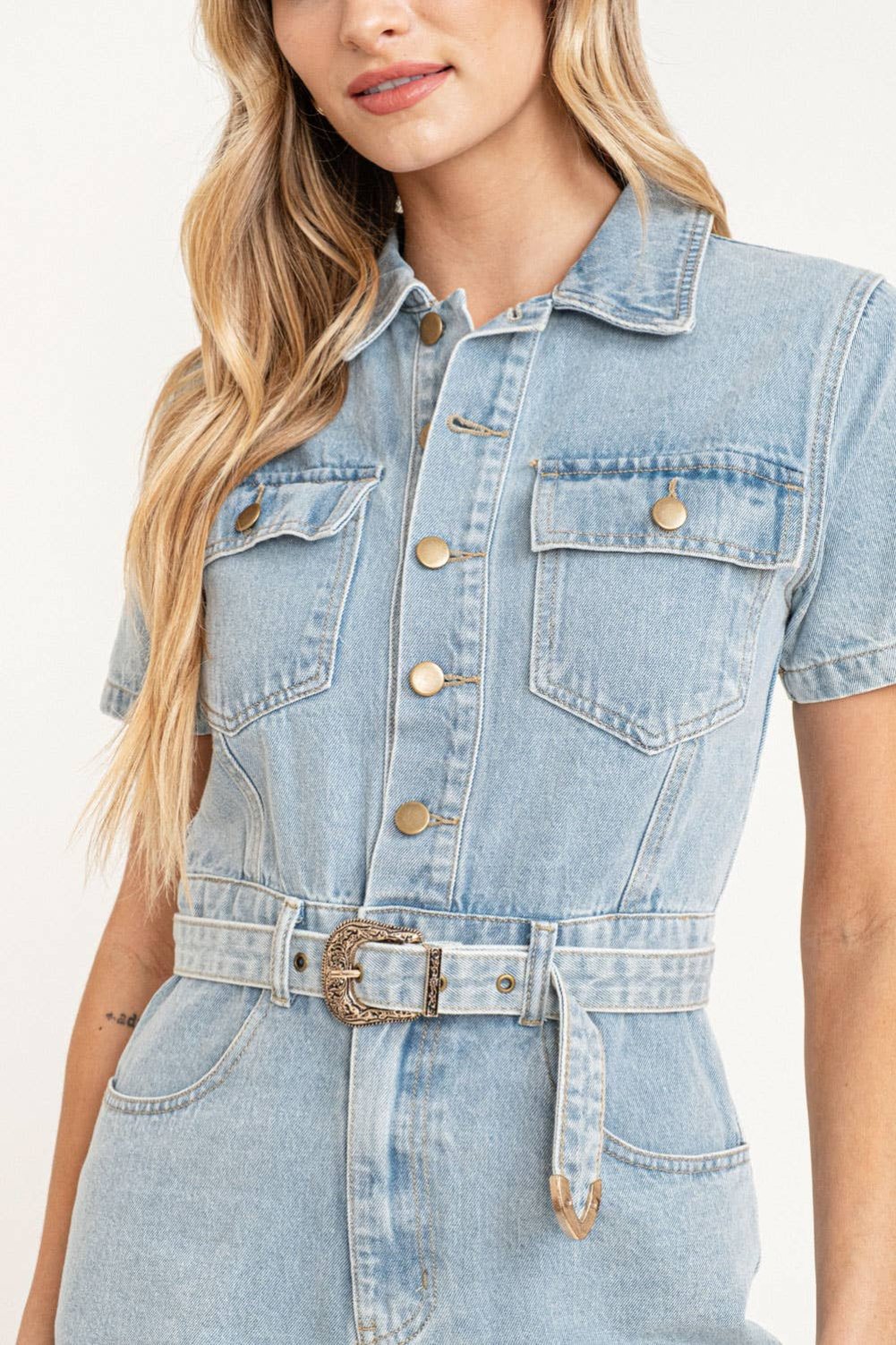 Belt Buckle Denim Romper