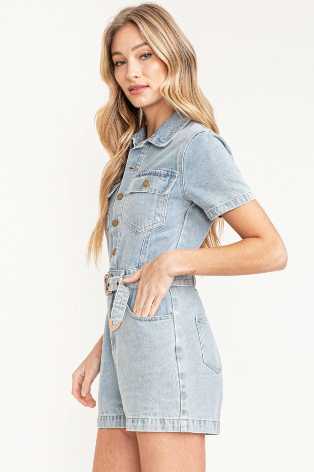 Belt Buckle Denim Romper