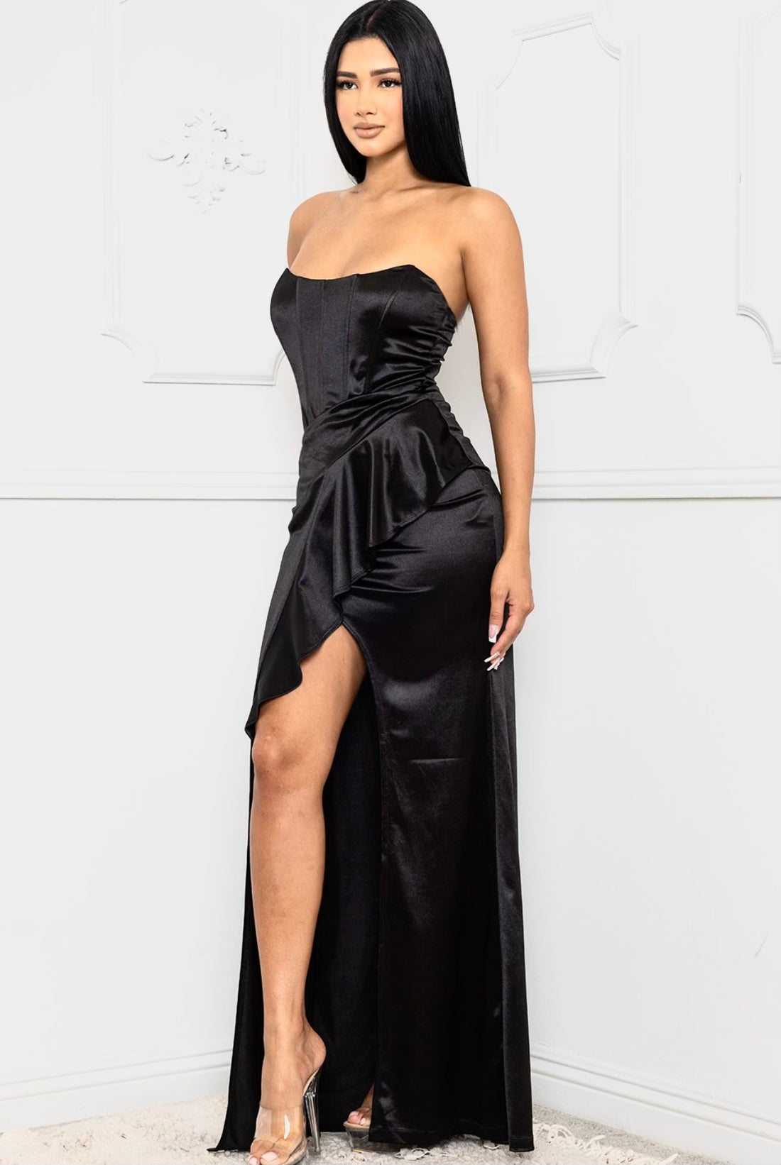 Satin Bustier Ruffle Detail Maxi Dress