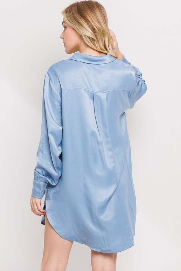 satin blue shirt dress Navy Blue Ruched Button Through Satin Shirt Dress - Elegant Midi Dress