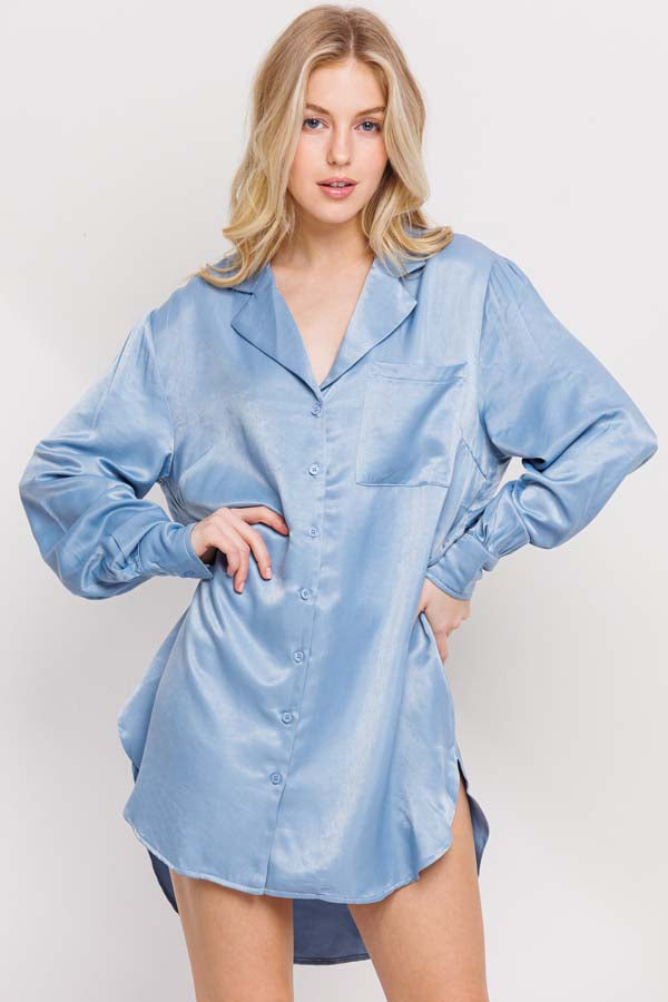 Blue Satin Shirt Dress