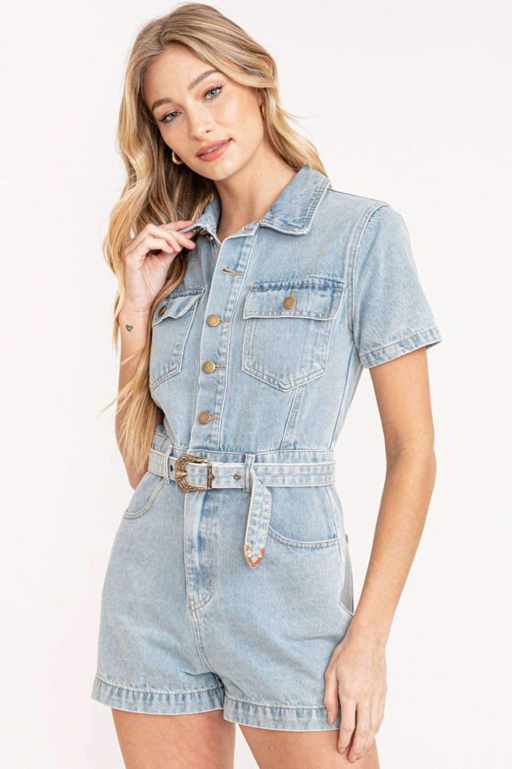 Belt Buckle Denim Romper