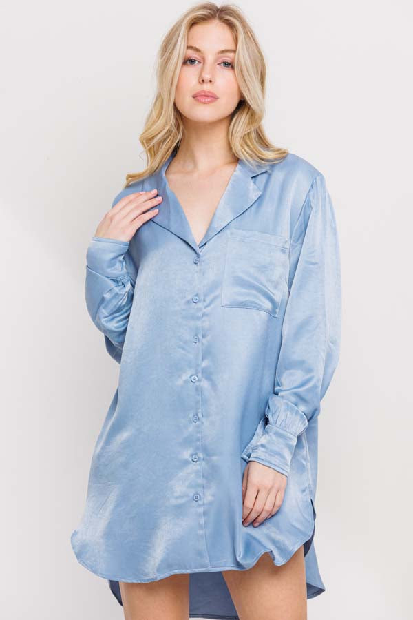 Blue Satin Shirt Dress