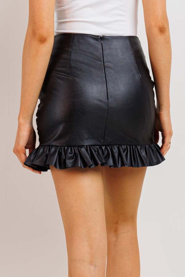 Faux leather ruffle trim skirt