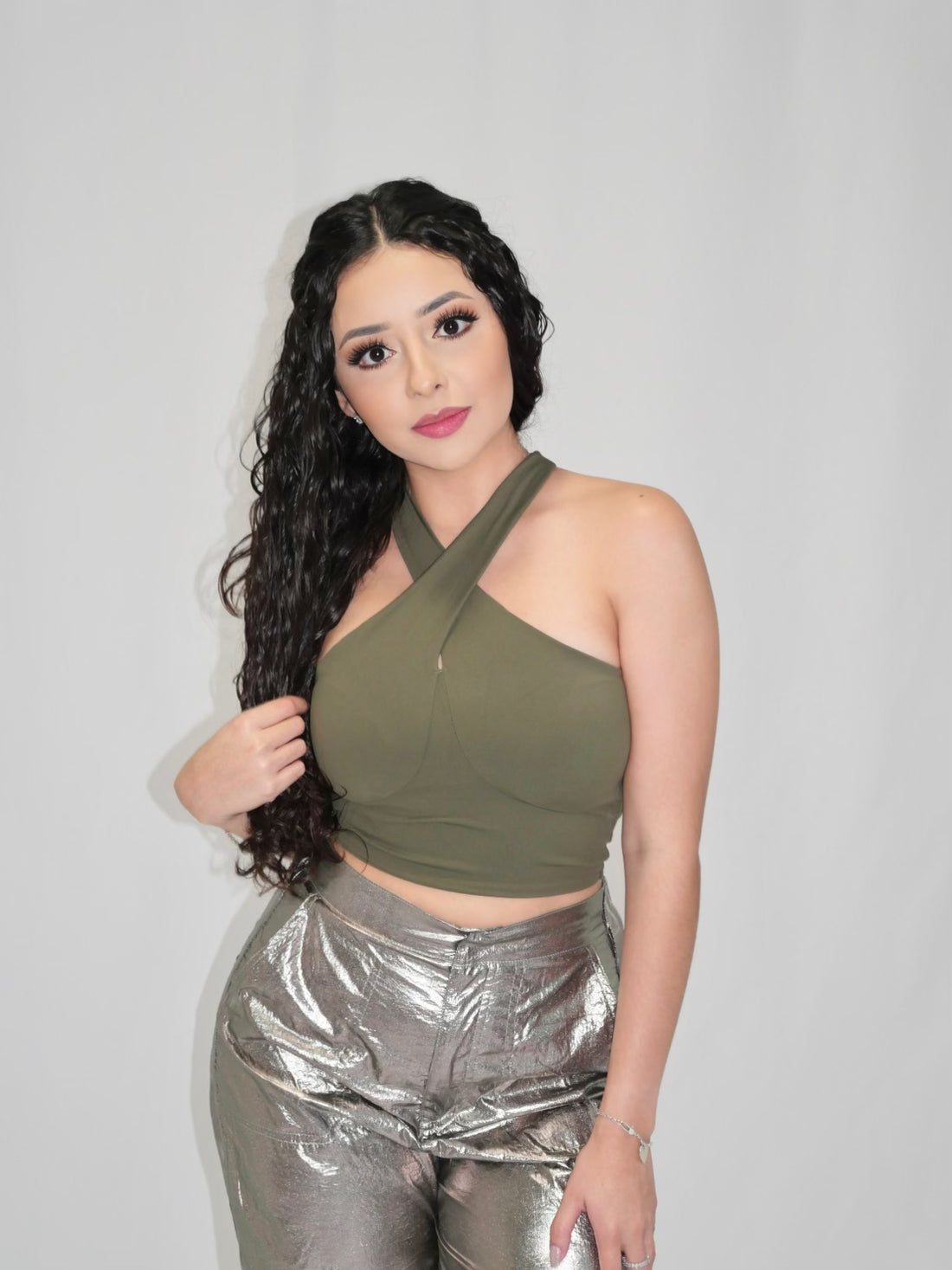 Olive Crossover Halter Crop Top