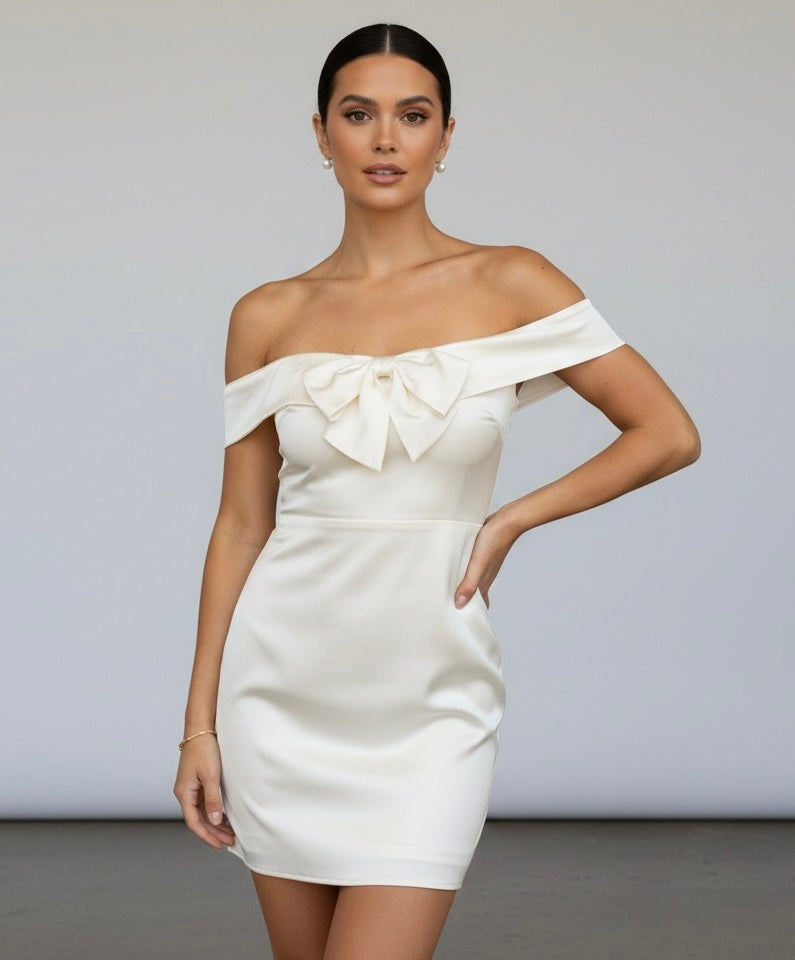 Satin Off Shoulder Bow Dress
