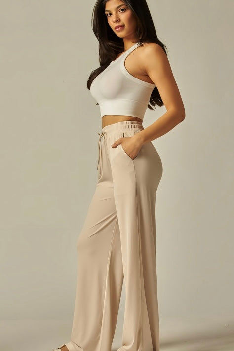 Ribbed Drawstring Wide Leg Pants