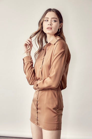 satin romper shirt dress Giving Beverly Black Satin Button Up Romper Shirt Dress Black / XL