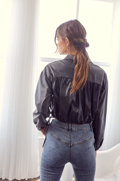 Faux Leather Drawstring Crop Top