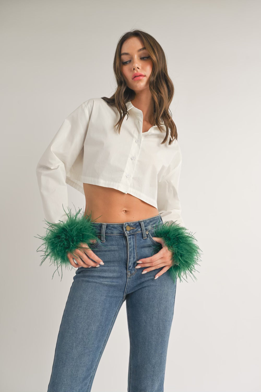 Feather Cuff Cropped Shirt