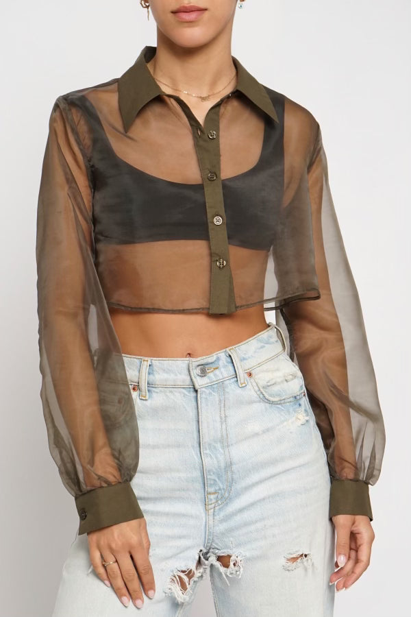 Olive Organza Cropped Shirt