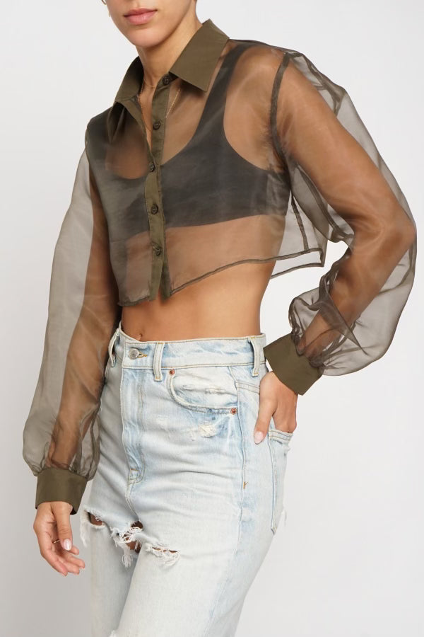 Olive Organza Cropped Shirt